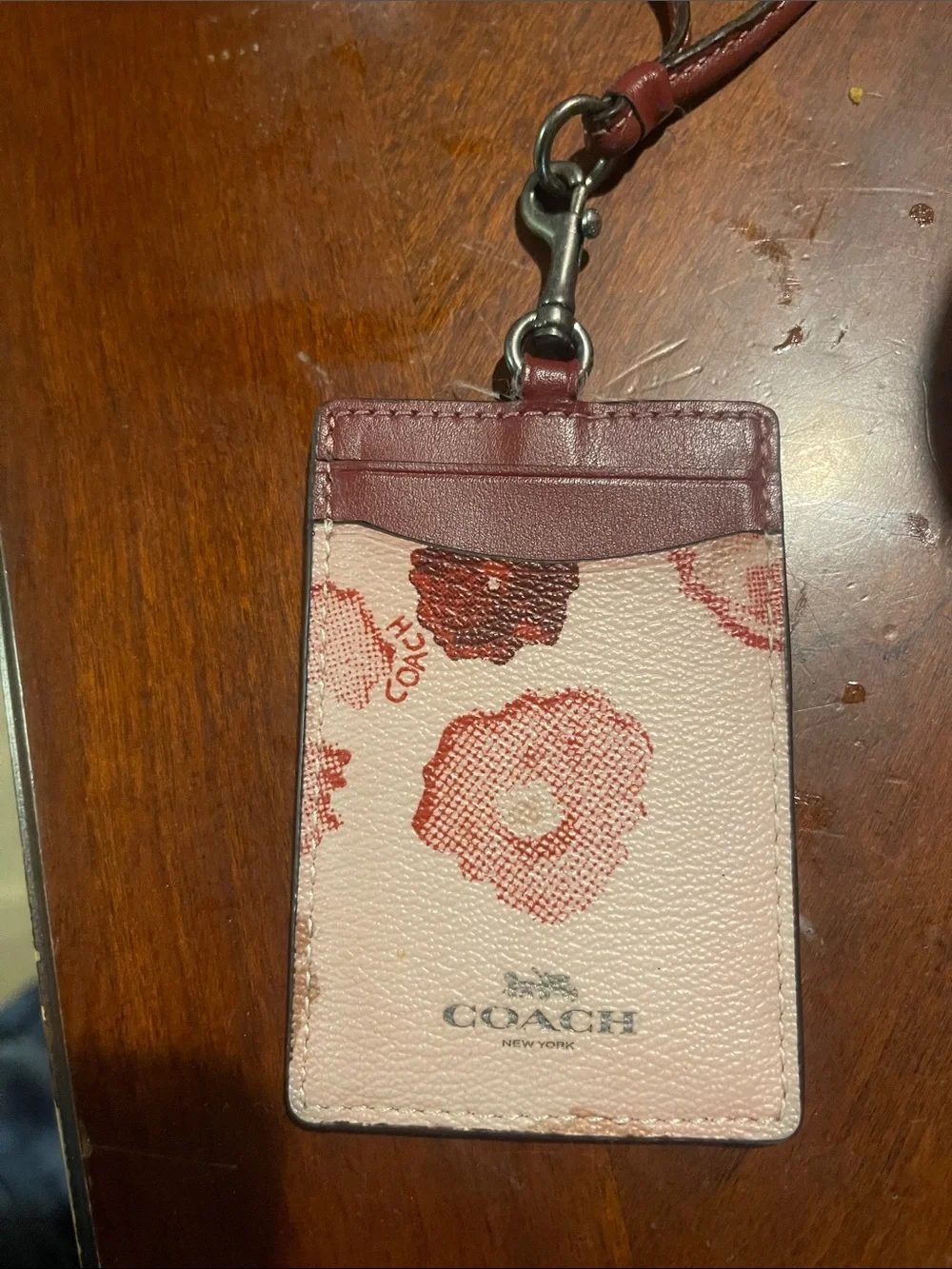 Coach Pink Floral Card & Key Holder with Burgundy Trim